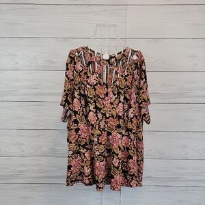Torrid Floral Black and Pink Cage Neckline Blouse Womens Size XL
